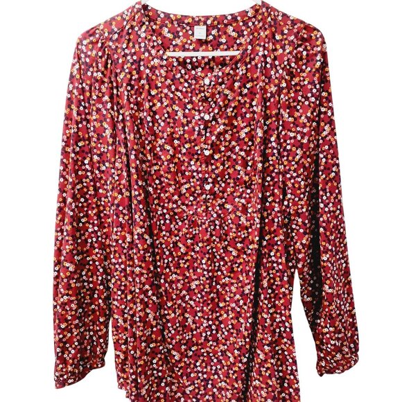Old Navy Tops - Old Navy Blouse Womens Size XL Red Floral Print Pullover V-Neck Long Sleeve